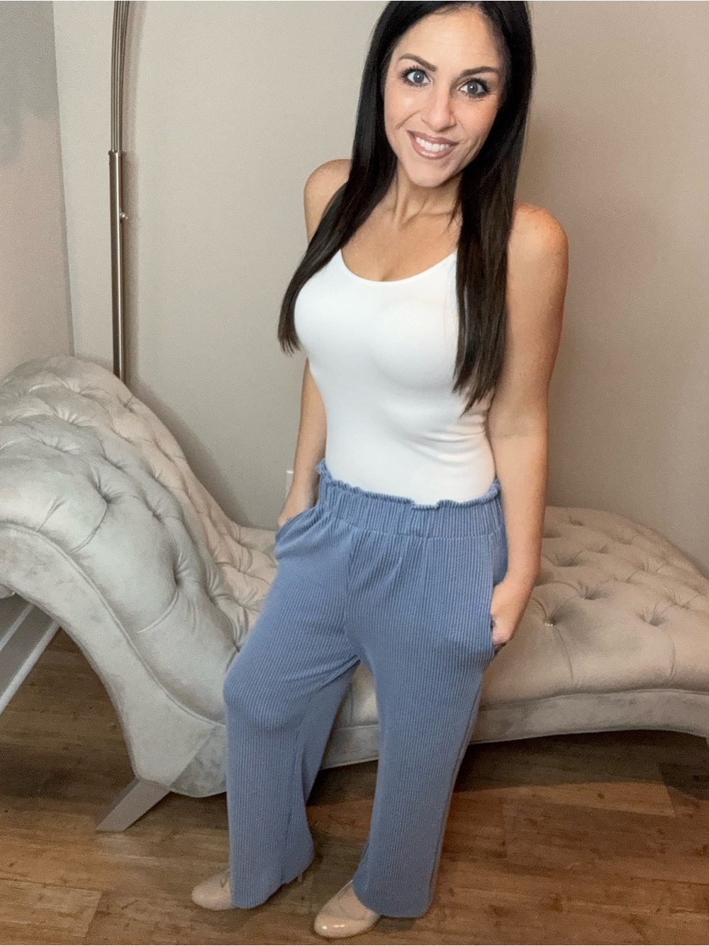 XL XXL Ribbed Wide-Leg Lounge Pants in Dusty Blue